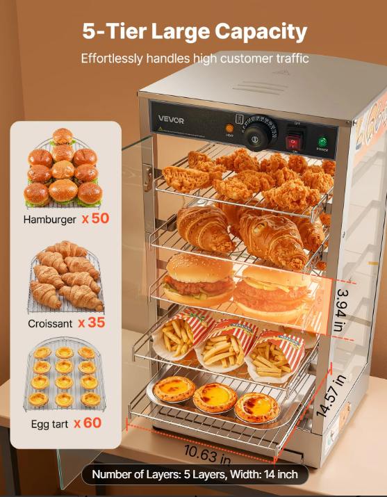 5-Tier Commercial Food Warmer Display, 800W Food Display Warmer with LED Light, Adjustable Shelf and Stainless Steel Frame, 86℉~185℉ Air Heating, 60L for Hamburger, Pizza, Bread, Fried Chicken