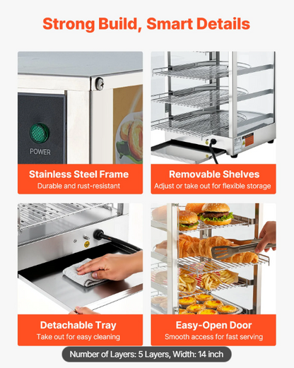 5-Tier Commercial Food Warmer Display, 800W Food Display Warmer with LED Light, Adjustable Shelf and Stainless Steel Frame, 86℉~185℉ Air Heating, 60L for Hamburger, Pizza, Bread, Fried Chicken