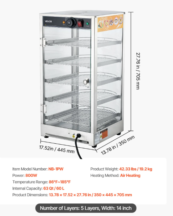 5-Tier Commercial Food Warmer Display, 800W Food Display Warmer with LED Light, Adjustable Shelf and Stainless Steel Frame, 86℉~185℉ Air Heating, 60L for Hamburger, Pizza, Bread, Fried Chicken