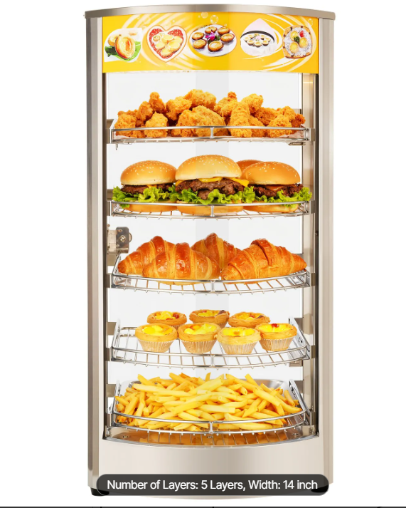 5-Tier Commercial Food Warmer Display, 800W Food Display Warmer with LED Light, Adjustable Shelf and Stainless Steel Frame, 86℉~185℉ Air Heating, 60L for Hamburger, Pizza, Bread, Fried Chicken