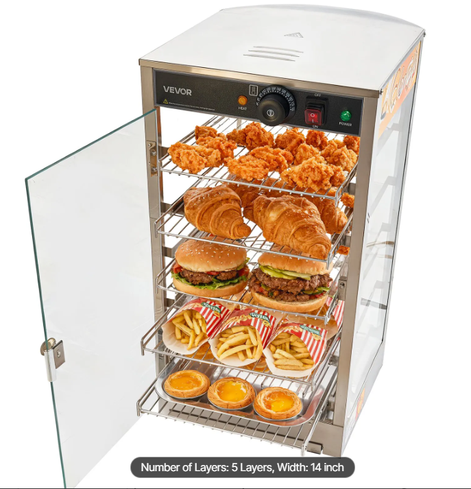 5-Tier Commercial Food Warmer Display, 800W Food Display Warmer with LED Light, Adjustable Shelf and Stainless Steel Frame, 86℉~185℉ Air Heating, 60L for Hamburger, Pizza, Bread, Fried Chicken