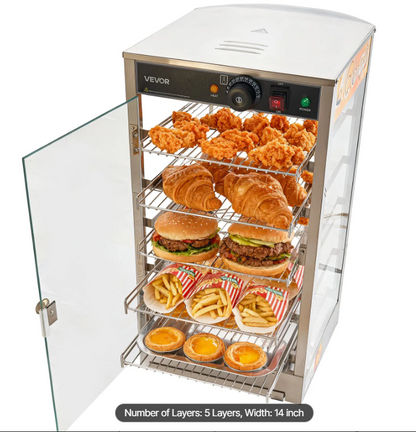 5-Tier Commercial Food Warmer Display, 800W Food Display Warmer with LED Light, Adjustable Shelf and Stainless Steel Frame, 86℉~185℉ Air Heating, 60L for Hamburger, Pizza, Bread, Fried Chicken