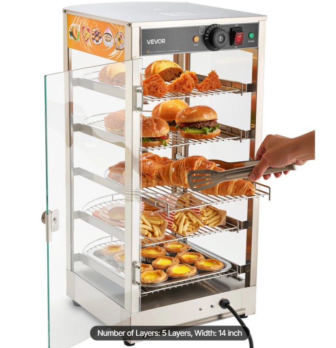 5-Tier Commercial Food Warmer Display, 800W Food Display Warmer with LED Light, Adjustable Shelf and Stainless Steel Frame, 86℉~185℉ Air Heating, 60L for Hamburger, Pizza, Bread, Fried Chicken