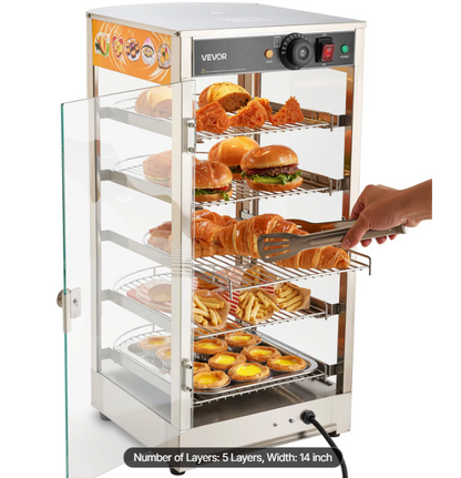 5-Tier Commercial Food Warmer Display, 800W Food Display Warmer with LED Light, Adjustable Shelf and Stainless Steel Frame, 86℉~185℉ Air Heating, 60L for Hamburger, Pizza, Bread, Fried Chicken