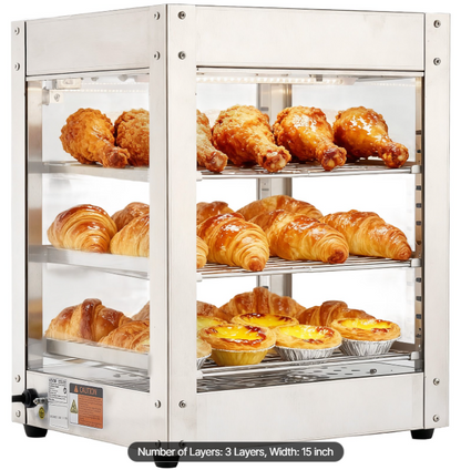 3-Tier Commercial Food Warmer Display, 800W Food Display Warmer with LED Light, Adjustable Shelf and Stainless Steel Frame, 86℉~185℉ Air Heating, 34L for Hamburger, Pizza, Bread, Fried Chicken