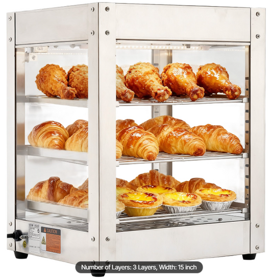 3-Tier Commercial Food Warmer Display, 800W Food Display Warmer with LED Light, Adjustable Shelf and Stainless Steel Frame, 86℉~185℉ Air Heating, 34L for Hamburger, Pizza, Bread, Fried Chicken