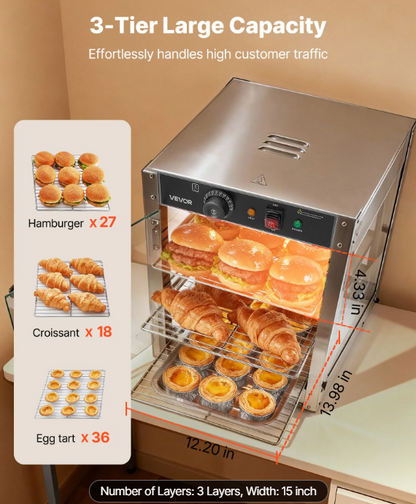3-Tier Commercial Food Warmer Display, 800W Food Display Warmer with LED Light, Adjustable Shelf and Stainless Steel Frame, 86℉~185℉ Air Heating, 34L for Hamburger, Pizza, Bread, Fried Chicken