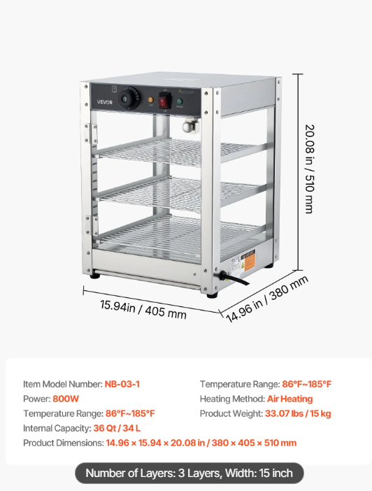 3-Tier Commercial Food Warmer Display, 800W Food Display Warmer with LED Light, Adjustable Shelf and Stainless Steel Frame, 86℉~185℉ Air Heating, 34L for Hamburger, Pizza, Bread, Fried Chicken