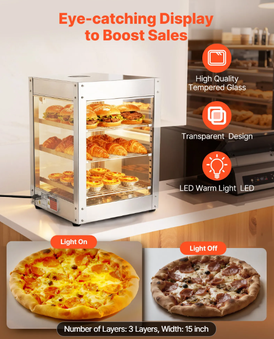 3-Tier Commercial Food Warmer Display, 800W Food Display Warmer with LED Light, Adjustable Shelf and Stainless Steel Frame, 86℉~185℉ Air Heating, 34L for Hamburger, Pizza, Bread, Fried Chicken