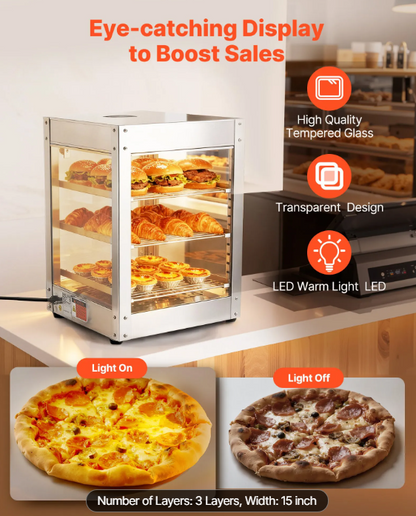 3-Tier Commercial Food Warmer Display, 800W Food Display Warmer with LED Light, Adjustable Shelf and Stainless Steel Frame, 86℉~185℉ Air Heating, 34L for Hamburger, Pizza, Bread, Fried Chicken