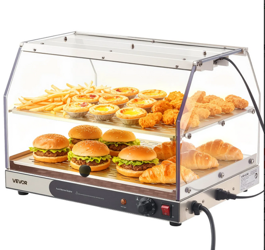 2-Tier Commercial Food Warmer Display, 450W Food Display Warmer with Light, Detachable Shelves and Double-Sided Door Design, 85℉~185℉ Air Heating, 48L for Hamburger, Pizza, Bread, Fried Chicken