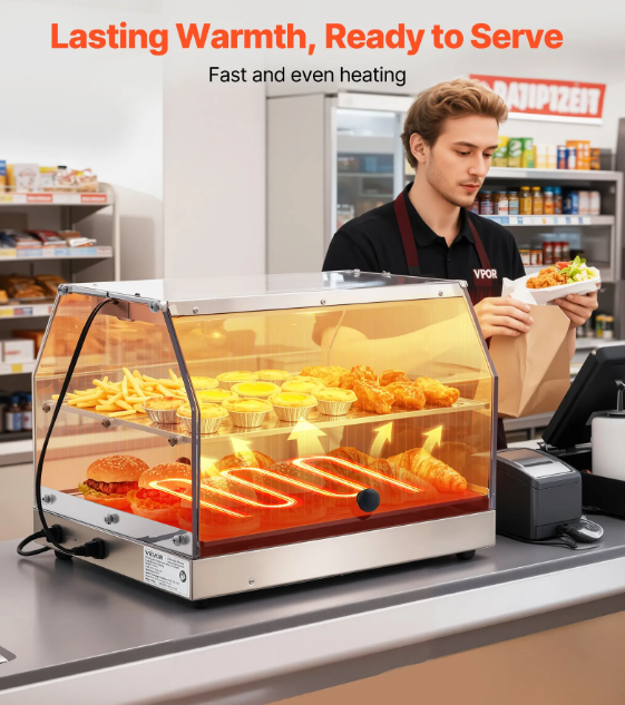 2-Tier Commercial Food Warmer Display, 450W Food Display Warmer with Light, Detachable Shelves and Double-Sided Door Design, 85℉~185℉ Air Heating, 48L for Hamburger, Pizza, Bread, Fried Chicken