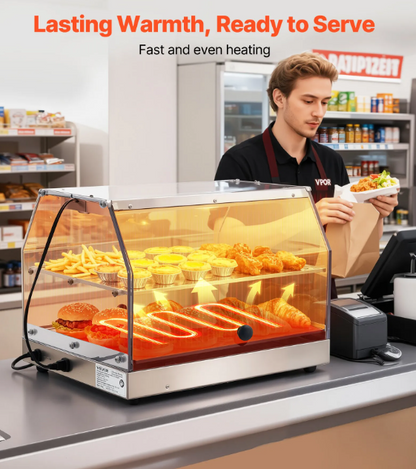 2-Tier Commercial Food Warmer Display, 450W Food Display Warmer with Light, Detachable Shelves and Double-Sided Door Design, 85℉~185℉ Air Heating, 48L for Hamburger, Pizza, Bread, Fried Chicken