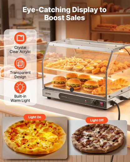2-Tier Commercial Food Warmer Display, 450W Food Display Warmer with Light, Detachable Shelves and Double-Sided Door Design, 85℉~185℉ Air Heating, 48L for Hamburger, Pizza, Bread, Fried Chicken