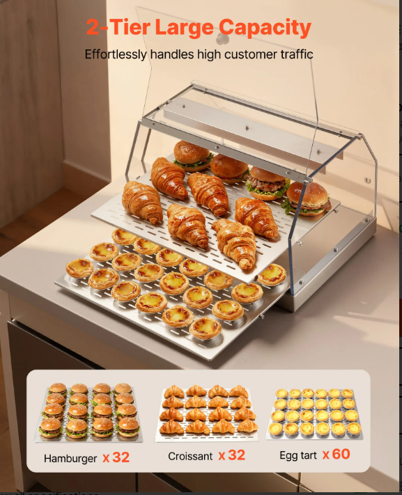 2-Tier Commercial Food Warmer Display, 450W Food Display Warmer with Light, Detachable Shelves and Double-Sided Door Design, 85℉~185℉ Air Heating, 48L for Hamburger, Pizza, Bread, Fried Chicken
