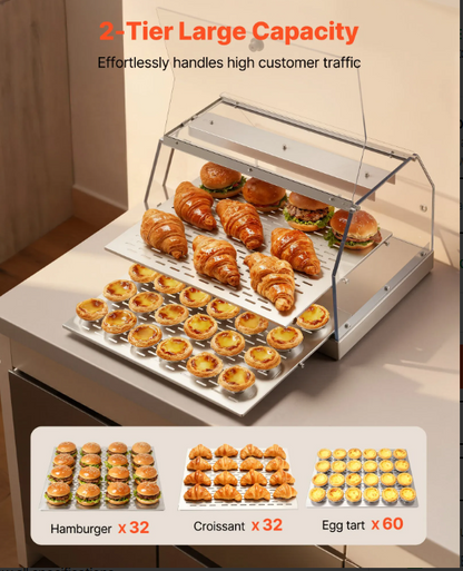 2-Tier Commercial Food Warmer Display, 450W Food Display Warmer with Light, Detachable Shelves and Double-Sided Door Design, 85℉~185℉ Air Heating, 48L for Hamburger, Pizza, Bread, Fried Chicken