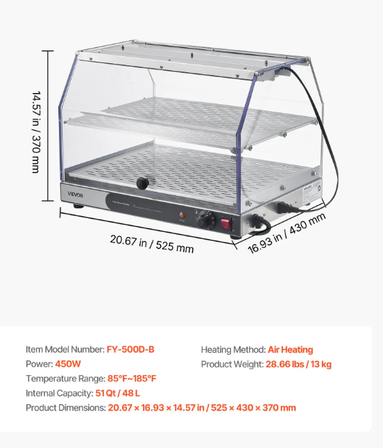 2-Tier Commercial Food Warmer Display, 450W Food Display Warmer with Light, Detachable Shelves and Double-Sided Door Design, 85℉~185℉ Air Heating, 48L for Hamburger, Pizza, Bread, Fried Chicken