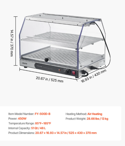 2-Tier Commercial Food Warmer Display, 450W Food Display Warmer with Light, Detachable Shelves and Double-Sided Door Design, 85℉~185℉ Air Heating, 48L for Hamburger, Pizza, Bread, Fried Chicken