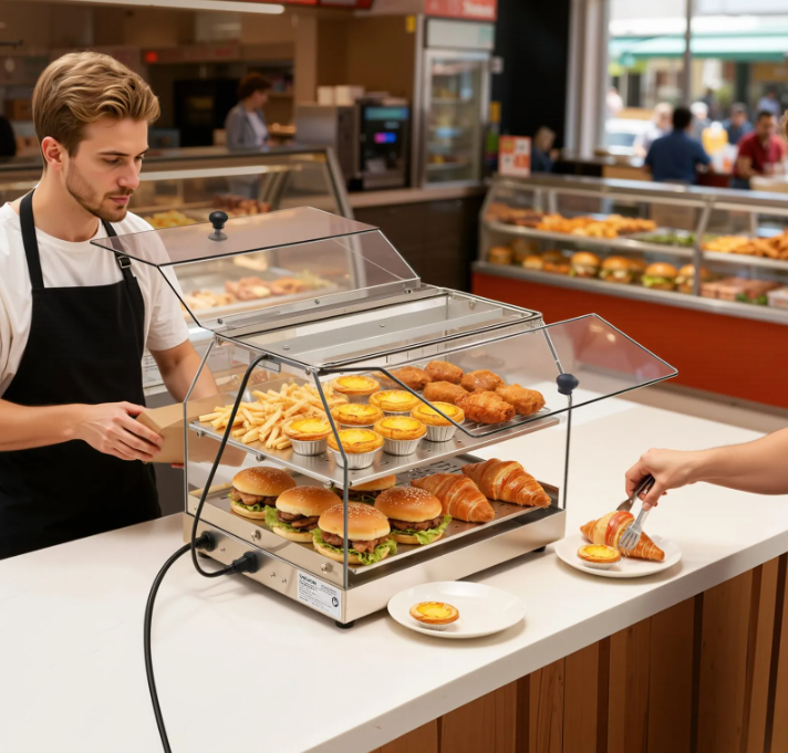 2-Tier Commercial Food Warmer Display, 450W Food Display Warmer with Light, Detachable Shelves and Double-Sided Door Design, 85℉~185℉ Air Heating, 48L for Hamburger, Pizza, Bread, Fried Chicken