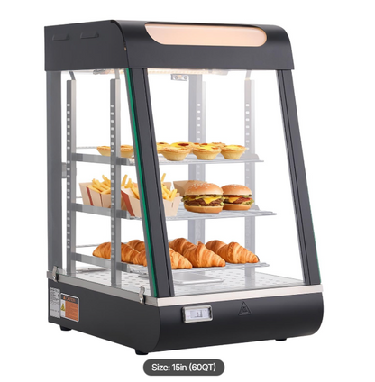 3-Tier Commercial Food Warmer Display, 800W Food Display Warmer with LED Light, Top Storage and Adjustable Shelves, 86℉~185℉ Steam Heating, 60 Qt /57L for Hamburger, Pizza, Bread, Fried Chicken