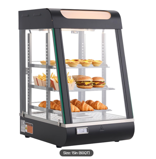3-Tier Commercial Food Warmer Display, 800W Food Display Warmer with LED Light, Top Storage and Adjustable Shelves, 86℉~185℉ Steam Heating, 60 Qt /57L for Hamburger, Pizza, Bread, Fried Chicken