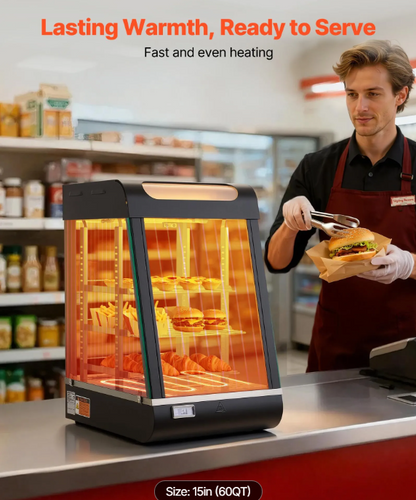 3-Tier Commercial Food Warmer Display, 800W Food Display Warmer with LED Light, Top Storage and Adjustable Shelves, 86℉~185℉ Steam Heating, 60 Qt /57L for Hamburger, Pizza, Bread, Fried Chicken