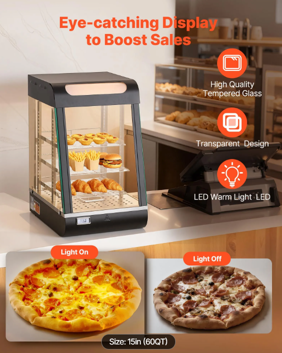3-Tier Commercial Food Warmer Display, 800W Food Display Warmer with LED Light, Top Storage and Adjustable Shelves, 86℉~185℉ Steam Heating, 60 Qt /57L for Hamburger, Pizza, Bread, Fried Chicken