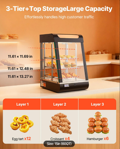 3-Tier Commercial Food Warmer Display, 800W Food Display Warmer with LED Light, Top Storage and Adjustable Shelves, 86℉~185℉ Steam Heating, 60 Qt /57L for Hamburger, Pizza, Bread, Fried Chicken