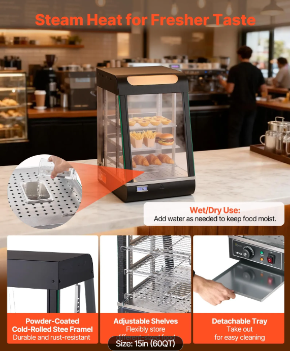 3-Tier Commercial Food Warmer Display, 800W Food Display Warmer with LED Light, Top Storage and Adjustable Shelves, 86℉~185℉ Steam Heating, 60 Qt /57L for Hamburger, Pizza, Bread, Fried Chicken