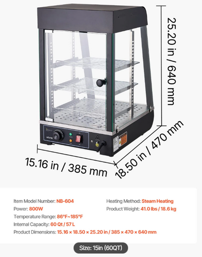 3-Tier Commercial Food Warmer Display, 800W Food Display Warmer with LED Light, Top Storage and Adjustable Shelves, 86℉~185℉ Steam Heating, 60 Qt /57L for Hamburger, Pizza, Bread, Fried Chicken