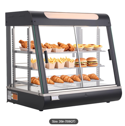 3-Tier Commercial Food Warmer Display, 1200W Food Display Warmer with LED Light, Top Storage and Adjustable Shelves, 86℉~185℉ Steam Heating, 106Qt/100L for Hamburger, Pizza, Bread, Fried Chicken