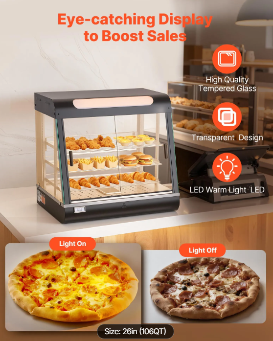 3-Tier Commercial Food Warmer Display, 1200W Food Display Warmer with LED Light, Top Storage and Adjustable Shelves, 86℉~185℉ Steam Heating, 106Qt/100L for Hamburger, Pizza, Bread, Fried Chicken