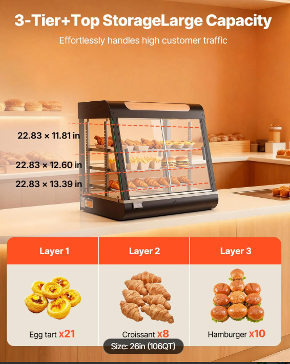 3-Tier Commercial Food Warmer Display, 1200W Food Display Warmer with LED Light, Top Storage and Adjustable Shelves, 86℉~185℉ Steam Heating, 106Qt/100L for Hamburger, Pizza, Bread, Fried Chicken