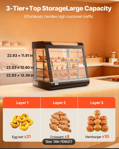 3-Tier Commercial Food Warmer Display, 1200W Food Display Warmer with LED Light, Top Storage and Adjustable Shelves, 86℉~185℉ Steam Heating, 106Qt/100L for Hamburger, Pizza, Bread, Fried Chicken