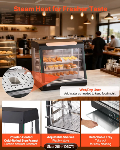 3-Tier Commercial Food Warmer Display, 1200W Food Display Warmer with LED Light, Top Storage and Adjustable Shelves, 86℉~185℉ Steam Heating, 106Qt/100L for Hamburger, Pizza, Bread, Fried Chicken