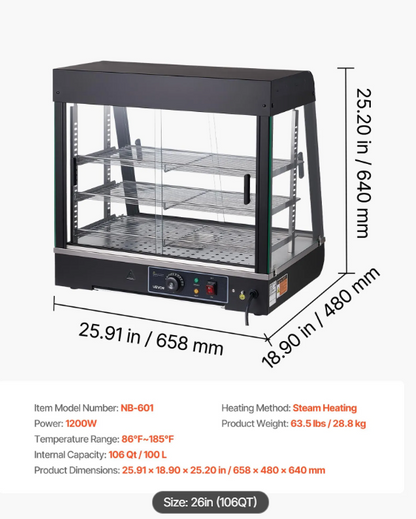 3-Tier Commercial Food Warmer Display, 1200W Food Display Warmer with LED Light, Top Storage and Adjustable Shelves, 86℉~185℉ Steam Heating, 106Qt/100L for Hamburger, Pizza, Bread, Fried Chicken