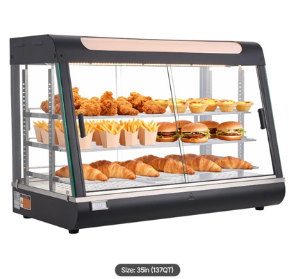 3-Tier Commercial Food Warmer Display, 1400W Food Display Warmer with LED Light, Top Storage and Adjustable Shelves, 86℉~185℉ Steam Heating, 137Qt/130L for Hamburger, Pizza, Bread, Fried Chicken