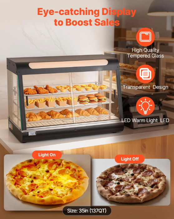 3-Tier Commercial Food Warmer Display, 1400W Food Display Warmer with LED Light, Top Storage and Adjustable Shelves, 86℉~185℉ Steam Heating, 137Qt/130L for Hamburger, Pizza, Bread, Fried Chicken