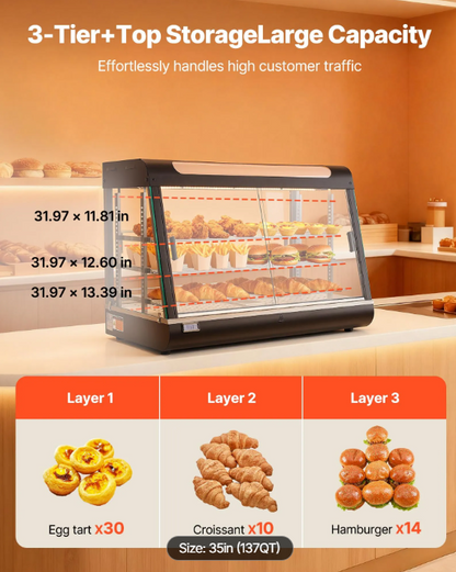 3-Tier Commercial Food Warmer Display, 1400W Food Display Warmer with LED Light, Top Storage and Adjustable Shelves, 86℉~185℉ Steam Heating, 137Qt/130L for Hamburger, Pizza, Bread, Fried Chicken
