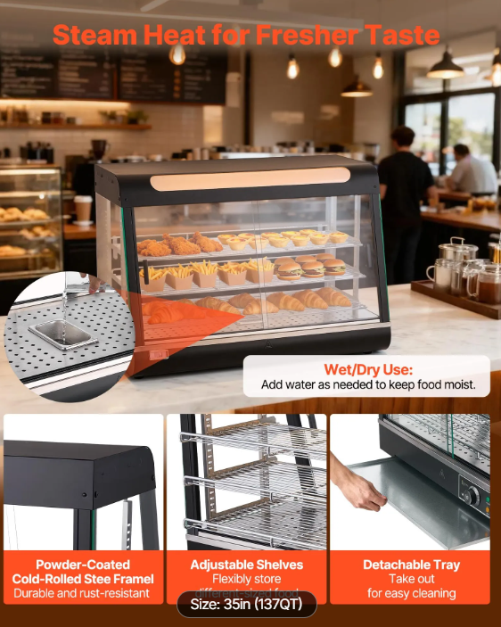 3-Tier Commercial Food Warmer Display, 1400W Food Display Warmer with LED Light, Top Storage and Adjustable Shelves, 86℉~185℉ Steam Heating, 137Qt/130L for Hamburger, Pizza, Bread, Fried Chicken