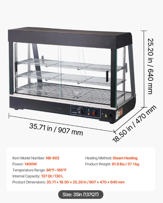 3-Tier Commercial Food Warmer Display, 1400W Food Display Warmer with LED Light, Top Storage and Adjustable Shelves, 86℉~185℉ Steam Heating, 137Qt/130L for Hamburger, Pizza, Bread, Fried Chicken