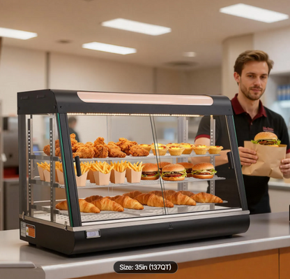 3-Tier Commercial Food Warmer Display, 1400W Food Display Warmer with LED Light, Top Storage and Adjustable Shelves, 86℉~185℉ Steam Heating, 137Qt/130L for Hamburger, Pizza, Bread, Fried Chicken