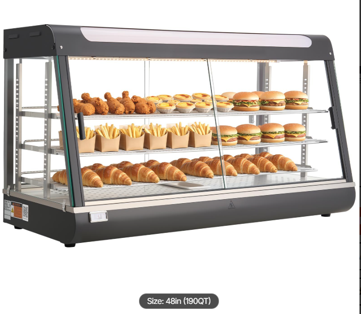 3-Tier Commercial Food Warmer Display, 1600W Food Display Warmer with LED Light, Top Storage and Adjustable Shelves, 86℉~185℉ Steam Heating, 190Qt/180L for Hamburger, Pizza, Bread, Fried Chicken