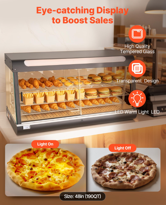 3-Tier Commercial Food Warmer Display, 1600W Food Display Warmer with LED Light, Top Storage and Adjustable Shelves, 86℉~185℉ Steam Heating, 190Qt/180L for Hamburger, Pizza, Bread, Fried Chicken