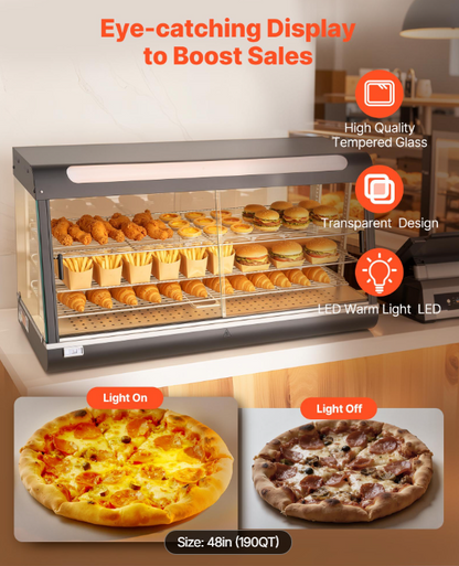 3-Tier Commercial Food Warmer Display, 1600W Food Display Warmer with LED Light, Top Storage and Adjustable Shelves, 86℉~185℉ Steam Heating, 190Qt/180L for Hamburger, Pizza, Bread, Fried Chicken