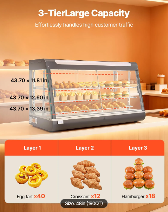 3-Tier Commercial Food Warmer Display, 1600W Food Display Warmer with LED Light, Top Storage and Adjustable Shelves, 86℉~185℉ Steam Heating, 190Qt/180L for Hamburger, Pizza, Bread, Fried Chicken
