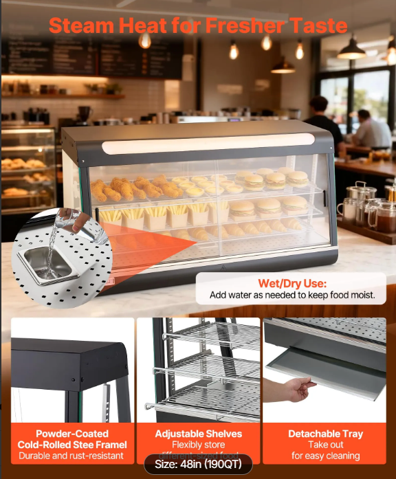 3-Tier Commercial Food Warmer Display, 1600W Food Display Warmer with LED Light, Top Storage and Adjustable Shelves, 86℉~185℉ Steam Heating, 190Qt/180L for Hamburger, Pizza, Bread, Fried Chicken