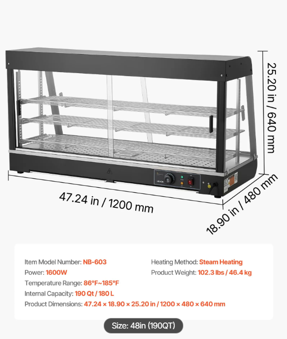 3-Tier Commercial Food Warmer Display, 1600W Food Display Warmer with LED Light, Top Storage and Adjustable Shelves, 86℉~185℉ Steam Heating, 190Qt/180L for Hamburger, Pizza, Bread, Fried Chicken