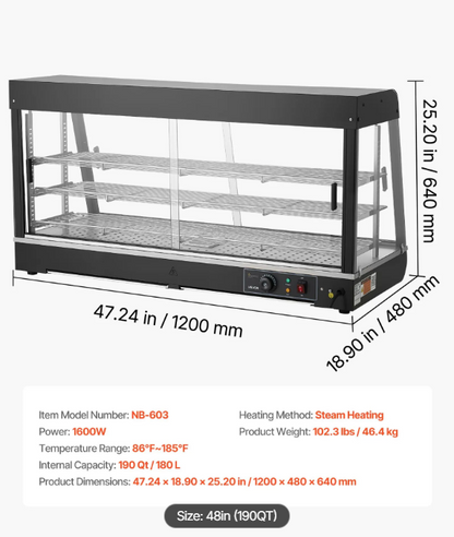 3-Tier Commercial Food Warmer Display, 1600W Food Display Warmer with LED Light, Top Storage and Adjustable Shelves, 86℉~185℉ Steam Heating, 190Qt/180L for Hamburger, Pizza, Bread, Fried Chicken