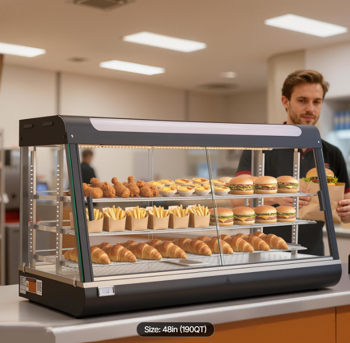 3-Tier Commercial Food Warmer Display, 1600W Food Display Warmer with LED Light, Top Storage and Adjustable Shelves, 86℉~185℉ Steam Heating, 190Qt/180L for Hamburger, Pizza, Bread, Fried Chicken